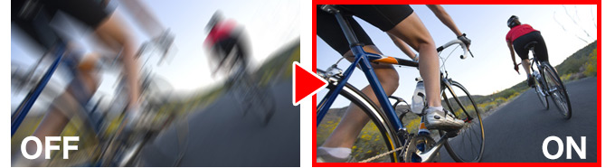 スポーツカムで捉える画像にとって、激しい揺れも臨場感の一部。<br />
とはいえ、目障りになる程のブレはやはりNG。そこで、高精度のブレ補正機能を搭載
